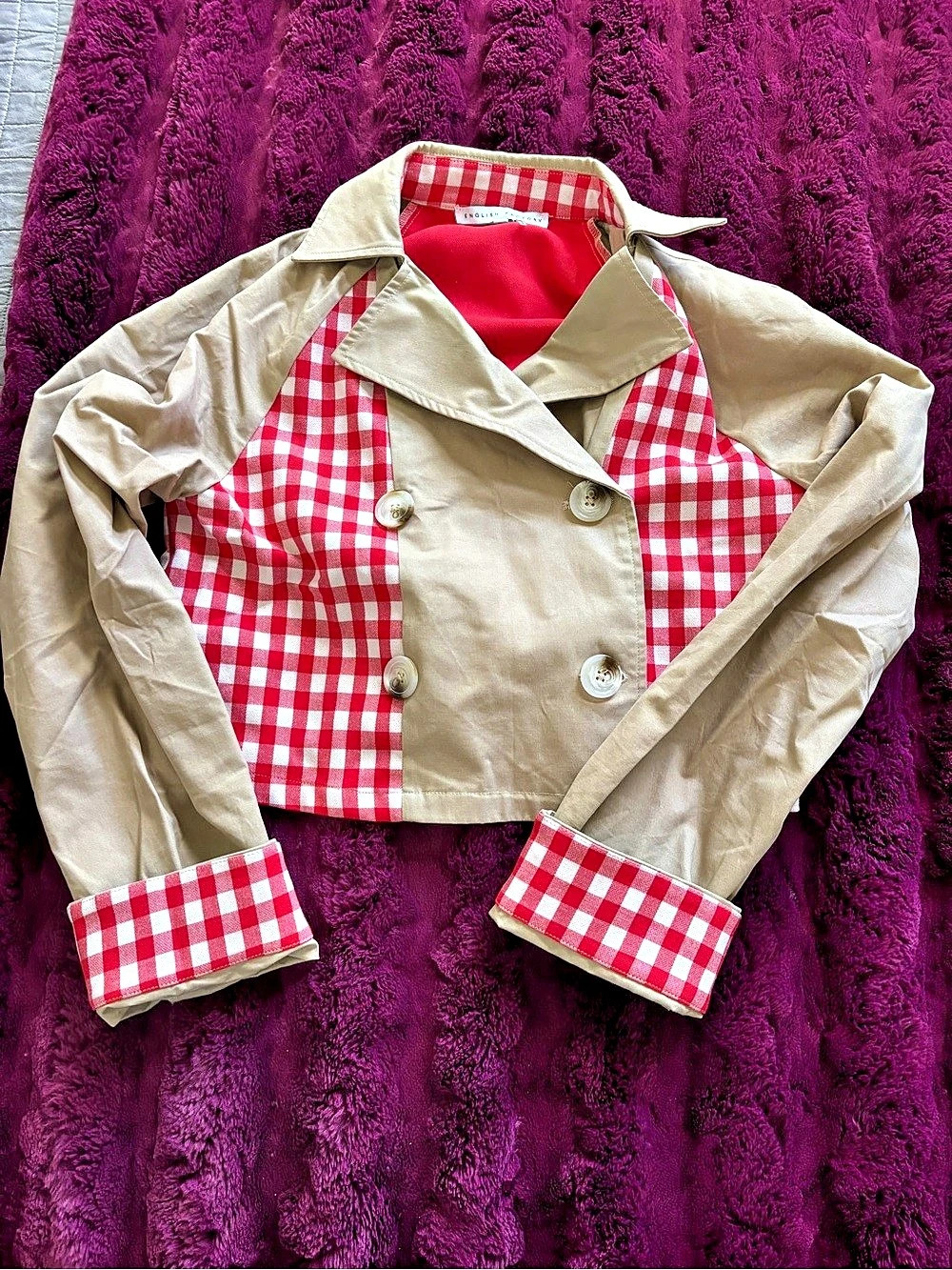 English Factory cropped Gingham Trench Jacket in Beige & Red Size small NWOT